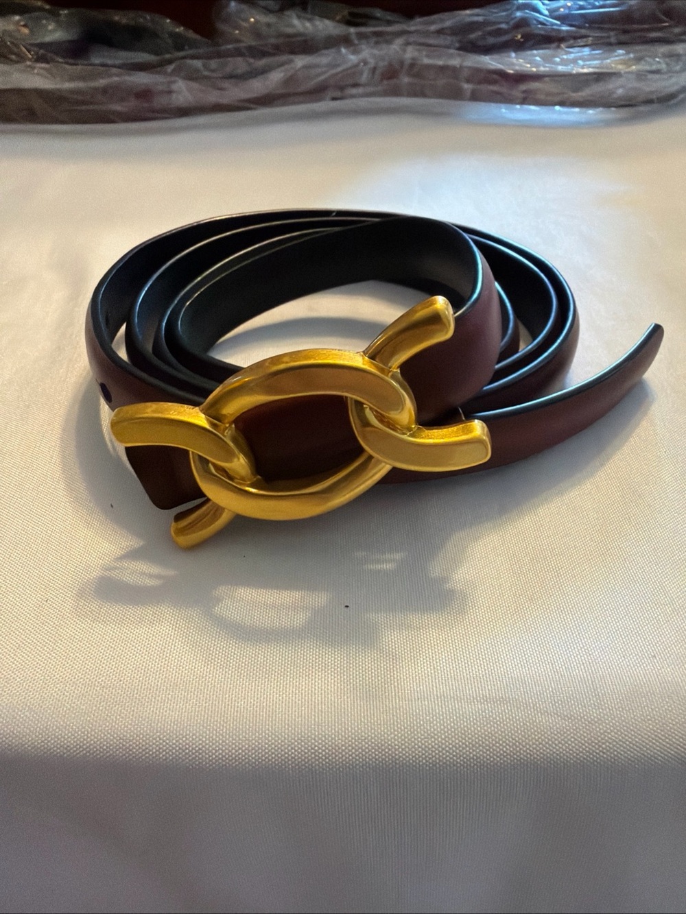 Women's Brown Leather Belt with Gold Statement Link Buckle
